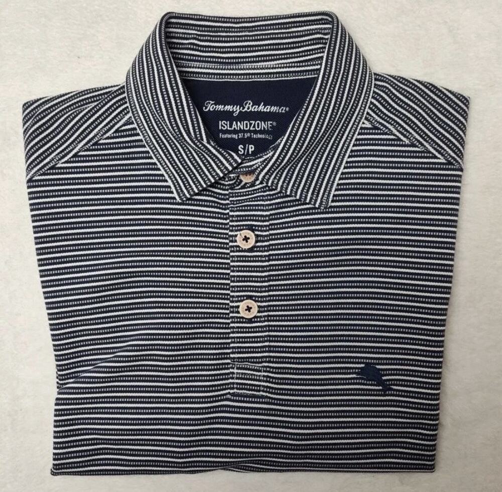 K3 Tommy Bahama Polo Mens Small Blue Striped Island Zone Collared Golf Marina